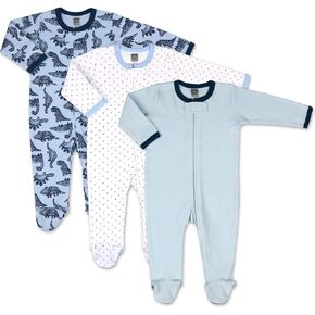 The Peanutshell Baby Sleeper Set for Boys or Girls | 3 Pack in Dinosaur, Solid Blue & Dots | 9 M Footed Pajamas (9M)