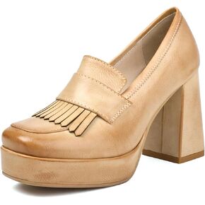 Women's Platform High Heel Loafers Square Toe Chunky Heels Slip On Pump Shoes with Tassel Decor