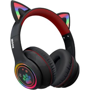 Gaming Wireless Bluetooth 5.0 Cat Ear Headphones Over Ear Led Light Foldable Music Headset with Aux 3.5mm (Built-in) Microphone for Adult & Kids Girl Boy Game Pad Laptop Cellphone Black