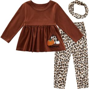 Toddler Baby Girl Halloween Outfit Long Sleeve Pumpkin Ruffle Dress Top Leopard Leggings With Scarf 3 Pcs Clothes Set