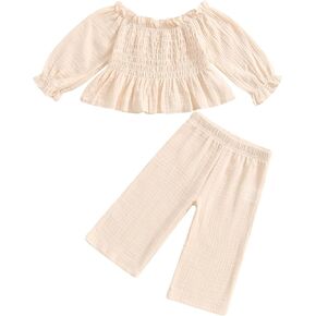 VISGOGO Infant Baby Toddler Girls Clothes Solid Color Baby Girl Fall 6 9 12 18 24M 3 4 5T Linen Outfits Long Sleeve Pants Set