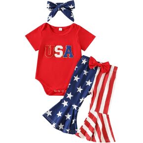 Ayalinggo Fourth of july baby girl outfit Newborn USA Embroidery Romper Star Striped American Flared Bell Bottoms Pants