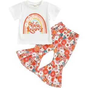 KOSUSANILL Two Groovy Outfit Toddler Baby Girl Short Sleeve Floral Shirt Top Flower Bell Bottom Pant 2PCS Baby Summer Clothes