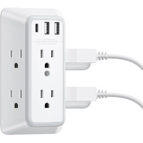 NTONPOWER Wall Outlet Extender Surge Protector, 6 Outlet Extender with 3 USB Wall Charger (1 USB C), 3-Sided Outlet Splitter for Home, Travel, Dorm Essentials(White)