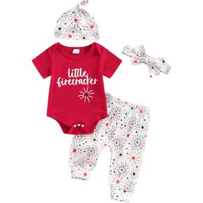 Newborn Baby Boy Girl 4th Of July Outfit Short Sleeve Letter Print Romper Pants Headband Hat 4Pcs Set