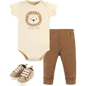 Hudson Baby Unisex Baby Cotton Bodysuit, Pant and Shoe Set, Brave Lion, Newborn