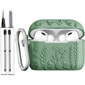 AirPods Pro 2 Case Cover, KOREDA Cute Flower Engraved Design Case for Airpods Pro 2nd Generation/1st Generation, Soft Silicone Full Protective Cover with Keychain & Cleaner Kit, Cactus Green