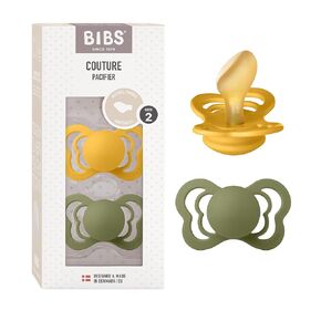 BIBS Couture Baby Pacifier 2-Pack | Made in Denmark | BPA Free Dummy Soother, Anatomical Nipple. Natural Rubber Latex, Size 2 (6-18 Months), Honey Bee/Olive