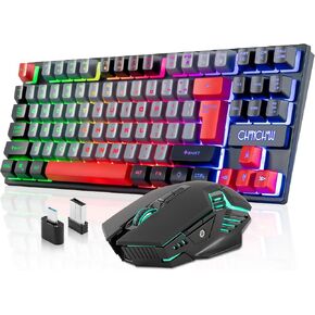 Gaming Wireless TKL Keyboard Mouse Combo Rechargeable LED Backlit Tenkeyless Compact 87 Keys 6 Button for Computer Laptop PS4 PS5 Switch Compatible with Windows XP/7/8/10 iMac MacBook Xbox one X
