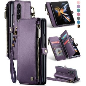 Defencase Wallet Case Compatible with Samsung Galaxy Z Fold 4 with RFID Blocking Card Holder & S Pen Holder Slot PU Leather Magnetic Snap Flip Zipper Strap Phone Case Fit for Galaxy Z Fold 4, Black