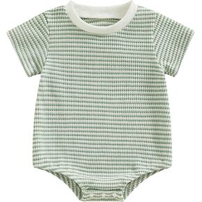 KMBANGI Newborn Baby Boy Girl Waffle Romper Short Sleeve Solid Striped Crew Neck Bubble Oversize Bodysuit Infant Summer