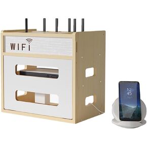 Wooden Router Shelf, Desktop WiFi Router Storage Box Modem Rack, Power Router Fences Standing Shelf Units, Cable Management Hider Box Organizer for Office and Home (Cherry Wood)