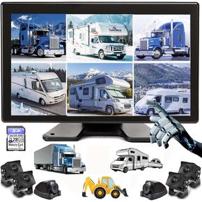 10.1" 1080P Backup Camera Monitor & Built-in DVR for RV Truck Trailer Rear Side Front Reversing View Wired System FHD Image 4 Split Large Screen 64GB Recorder IP69 Waterproof Avoid Blind Spot Kit