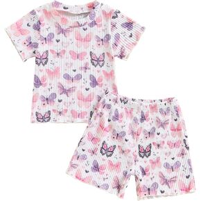 Toddler Girl Summer Clothes Baby Girl Rufffle Ribbed Short Sleeve T Shirt Top and Shorts Set Cute Baby Girl Outfit