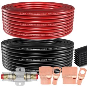 100FT 8 Gauge Wire Copper Clad Aluminum CCA Black/Red with 8ga lugs,60A Fuse Holder,Heat Shrink Tube - Battery Power/Ground Cable,Car Audio Speaker,RV Trailer Amp Wiring kit (50ft Each- Black/Red)