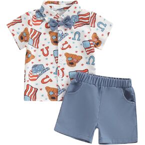 Toddler Baby Boy 4th of July Outfit American Flag Short Sleeve Button Up Shirt Elastic Waist Shorts Set 2Pcs Clothes
