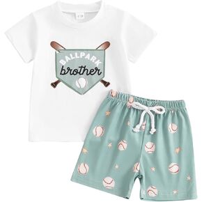 2Pcs Toddler Baby Boy Baseball Outfit Set Short Sleeve Letters Print T-shirt Top with Baseball Shorts Summer Clothes