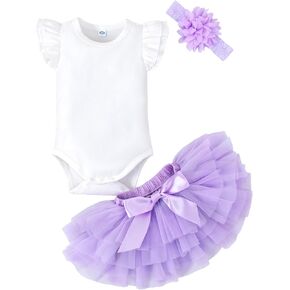 LYSMuch 0-24M Baby Girls Outfit Set Tutu Skirt with Diaper Cover Ruffle Sleeve Bodysuit Flower Headband