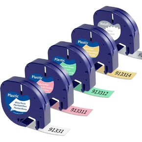 5-Pack Replace for Dymo Label Maker Refills Color Letratag Plastic Label Refill 12mm x 4m-1/2" x 13', Compatible with Dymo Letratag LT-200B LT-100H LT-100T QX50, Black on White/Gold/Pink/Green/Silver