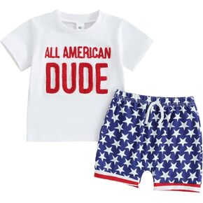 Baby Boy Summer Clothes 4th oF July Outfit Short Sleeve Letter Embroidered T-shirt And Shorts Independence Day Set