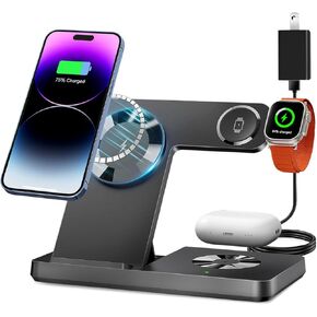 3 in 1 Charging Station for Multiple Devices,Magnetic Mag-Safe Wireless Charger for iWatch & Airpods，Foldable Charging Stand Dock for iPhone 16-12 Series with Adapter(White)