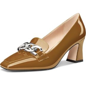 HDEUOLM Womens Heeled Loafers for Women Chunky Block Mid Heel Square Toe Pumps Loafers Shoes Slip-on Metal Chain Office Classic 2.8 Inches Heels