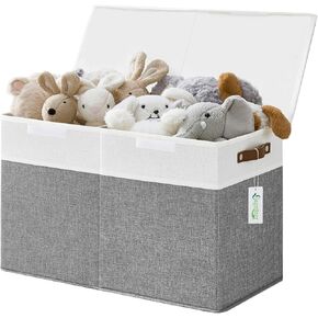 Large Toy Storage Box with Lids, Collapsible Sturdy Baby Storage Organizer Chest Bin Basket for Kids, Boys, Girls, Playroom, Nursery, Bedroom, Closet 25"x13"x16" (Beige and White)