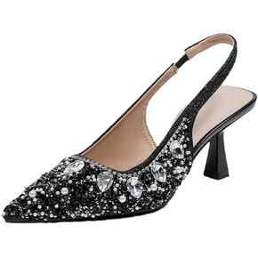 Women'S Sparkly Rhinestone Kitten Heeled Slingback Pumps with Ankle Strap Slip-On Stiletto Heels Closed Pointed Toe Sandals Popular Formal Party Wedding Dating Dress Shoes