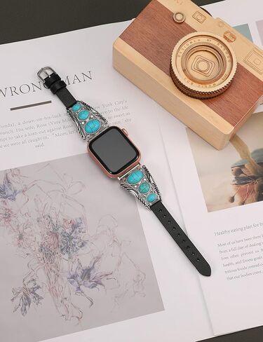سوار جلد Minyee متوافق مع سوار ساعة Apple للنساء 38/40/41/42/44/45/49 مم، حزام بوهو فيروزي بتصميم غربي عتيق عرقي عتيق لسلسلة iWatch 9 8 7 6 5 4 3 2 1 SE Ultra 2/1 in Kuwait