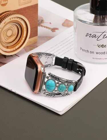 سوار جلد Minyee متوافق مع سوار ساعة Apple للنساء 38/40/41/42/44/45/49 مم، حزام بوهو فيروزي بتصميم غربي عتيق عرقي عتيق لسلسلة iWatch 9 8 7 6 5 4 3 2 1 SE Ultra 2/1 in Kuwait