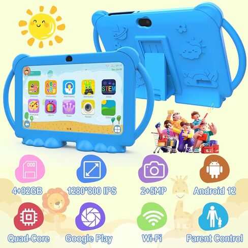 PEICHENG Kids Tablet 7 inch Android 12.0 for Toddler, 4GB RAM 32GB ROM Bluetooth IPS Screen Parental Control Dual Camera Shockproof Case for Educational Games, (Pink) in Saudi Arabia