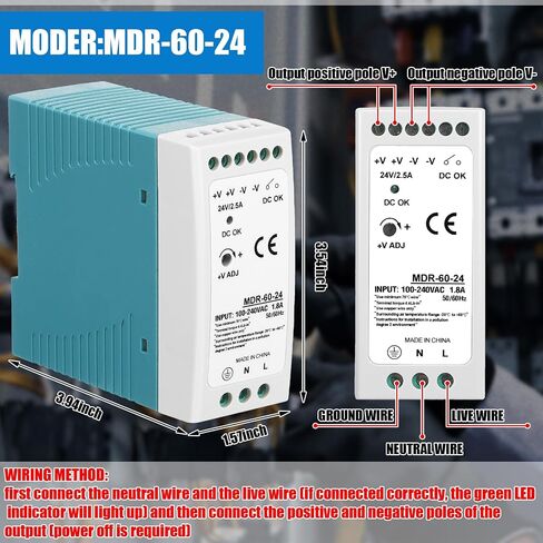 24 VDC DIN Rail Power Supply MDR 60W DIN Rail Dual Output (Input: 100-240VAC, Output: 24VDC, 50/60HZ) Power Switching Converter DC (24V 2.5A) in Saudi Arabia