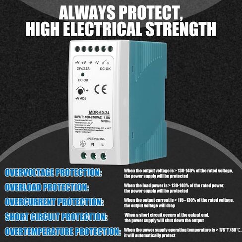 24 VDC DIN Rail Power Supply MDR 60W DIN Rail Dual Output (Input: 100-240VAC, Output: 24VDC, 50/60HZ) Power Switching Converter DC (24V 2.5A) in Saudi Arabia