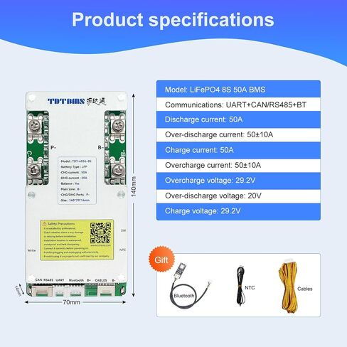 لوحة حماية Smart BMS 24V 8S LifePO4 PCB مع سلاسل توازن ووحدة بلوتوث لاسلكية لحزمة بطارية ليثيوم 8 خلايا 24 فولت (Smart BMS+RS485+CAN، 50A) in Saudi Arabia