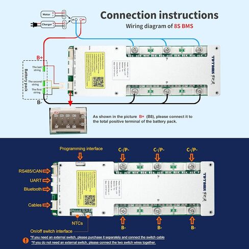 لوحة حماية Smart BMS 24V 8S LifePO4 PCB مع سلاسل توازن ووحدة بلوتوث لاسلكية لحزمة بطارية ليثيوم 8 خلايا 24 فولت (Smart BMS+RS485+CAN، 50A) in Saudi Arabia