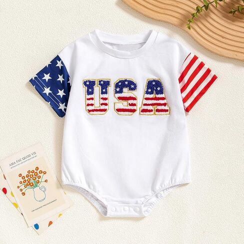 الوليد بيبي بوي فتاة 4th من يوليو الزي الولايات المتحدة الأمريكية العلم التطريز رومبير ارتداءها يوم الاستقلال الملابس الصيفية in Kuwait