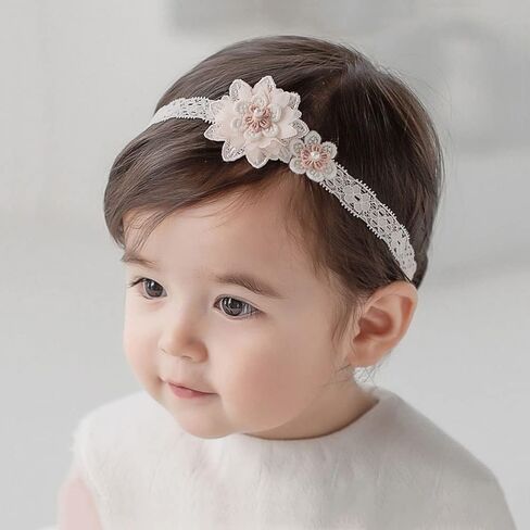 Baby Girl Headband White Lace Hairband Elastics Flower Head Wrap Hair Accessories Gift for Newborn Infant Toddlers Kids Baptism Shower Gift Birthday Wedding Party (Style 1) in Saudi Arabia