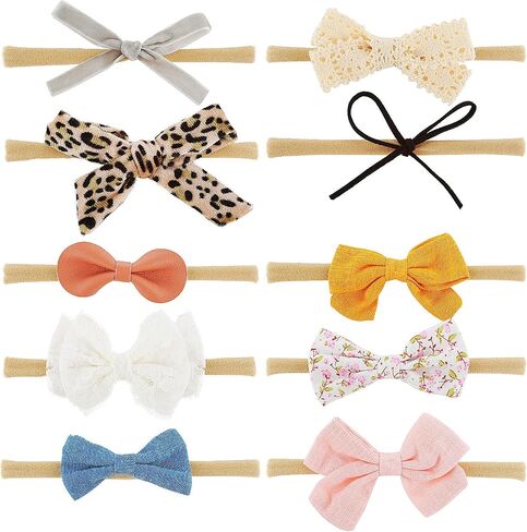 10 Pcs Baby Girl Headbands and Bows, Cute Sweet Newborn Bows Headbands, Nylon Elastics Hairbands Hair Accessories for Newborns, Infants, Toddlers, Baby, Girl(Handmade - Easy to Wear) in Saudi Arabia