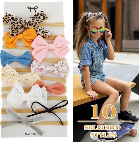10 Pcs Baby Girl Headbands and Bows, Cute Sweet Newborn Bows Headbands, Nylon Elastics Hairbands Hair Accessories for Newborns, Infants, Toddlers, Baby, Girl(Handmade - Easy to Wear) in Saudi Arabia