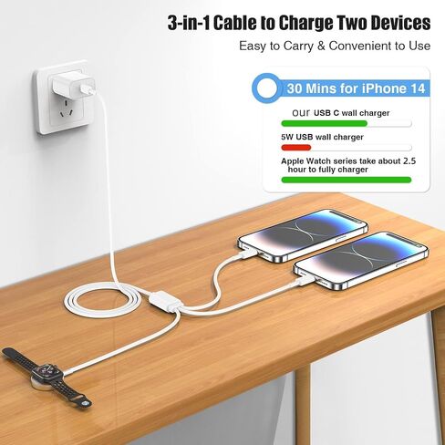 شاحن ساعة Apple، كابل شحن مغناطيسي Cabepow 3 في 1 USB C سريع لساعة iPhone وكابل شحن مغناطيسي بطول 6 أقدام مع كتلة شاحن حائط لسلسلة ساعات Apple SE/8/7/6/5/4/3/2/1 وiPhone 14 in Kuwait