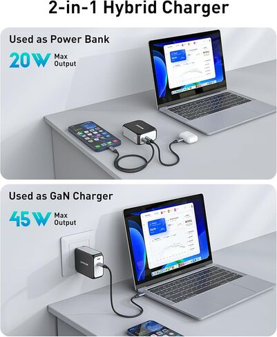 Portable Power Bank, 2in1 Hybrid Charger-5000mAh 20W Portable Charger with 45W GaN Charger-USB C Dual Ports for MacBook, Dell, Samsung, iPhone, iPad, Switch,Steam Deck and ect-Black & White in Saudi Arabia