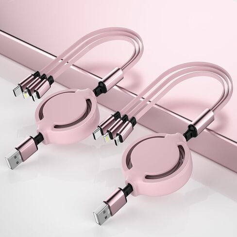 Retractable USB Cable Multi Charging Cable - 2Pack 3 in 1 Retractable Phone Charger Cord with Lightn ing/Type-c/Micro USB Port for Cell Phones,i Phone,iPads,Samsung Galaxy,PS,Tablets (3.6FT/Pink) in Saudi Arabia