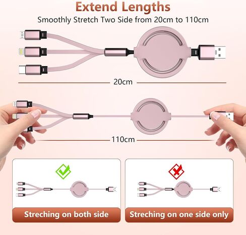 Retractable USB Cable Multi Charging Cable - 2Pack 3 in 1 Retractable Phone Charger Cord with Lightn ing/Type-c/Micro USB Port for Cell Phones,i Phone,iPads,Samsung Galaxy,PS,Tablets (3.6FT/Pink) in Saudi Arabia