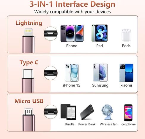 Retractable USB Cable Multi Charging Cable - 2Pack 3 in 1 Retractable Phone Charger Cord with Lightn ing/Type-c/Micro USB Port for Cell Phones,i Phone,iPads,Samsung Galaxy,PS,Tablets (3.6FT/Pink) in Saudi Arabia