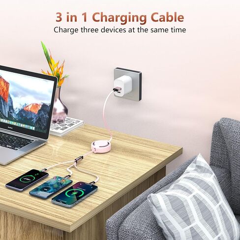 Retractable USB Cable Multi Charging Cable - 2Pack 3 in 1 Retractable Phone Charger Cord with Lightn ing/Type-c/Micro USB Port for Cell Phones,i Phone,iPads,Samsung Galaxy,PS,Tablets (3.6FT/Pink) in Saudi Arabia