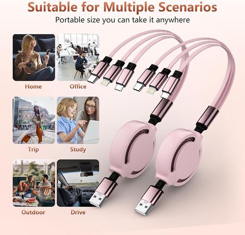 Retractable USB Cable Multi Charging Cable - 2Pack 3 in 1 Retractable Phone Charger Cord with Lightn ing/Type-c/Micro USB Port for Cell Phones,i Phone,iPads,Samsung Galaxy,PS,Tablets (3.6FT/Pink) in Saudi Arabia