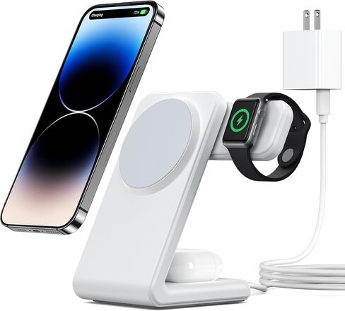 قاعدة شحن لاسلكية مغناطيسية 3 في 1، شاحن لاسلكي لـ Magsafe مع محول PD 20 وات لـ iPhone 15 14 13 12/Pro/Pro Max/Plus/Mini، Apple Watch Ultra/SE/9 إلى 2، AirPods 3/2/pro، أبيض in Saudi Arabia