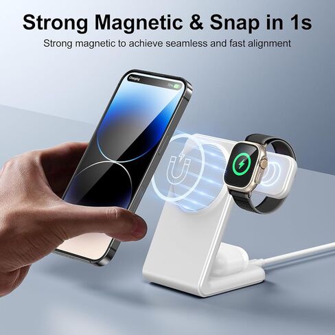 قاعدة شحن لاسلكية مغناطيسية 3 في 1، شاحن لاسلكي لـ Magsafe مع محول PD 20 وات لـ iPhone 15 14 13 12/Pro/Pro Max/Plus/Mini، Apple Watch Ultra/SE/9 إلى 2، AirPods 3/2/pro، أبيض in Saudi Arabia
