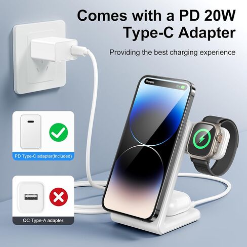 قاعدة شحن لاسلكية مغناطيسية 3 في 1، شاحن لاسلكي لـ Magsafe مع محول PD 20 وات لـ iPhone 15 14 13 12/Pro/Pro Max/Plus/Mini، Apple Watch Ultra/SE/9 إلى 2، AirPods 3/2/pro، أبيض in Saudi Arabia