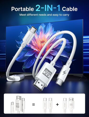 JSAUX 4K USB C to HDMI Cable with PD 100W Charging Port, 2-in-1 Type C to HDMI [ Thunderbolt 3 Compatible] Compatible with iPhone 15 Pro Max, MacBook, Samsung DeX, iMac, iPad Pro, Surface-White in Saudi Arabia
